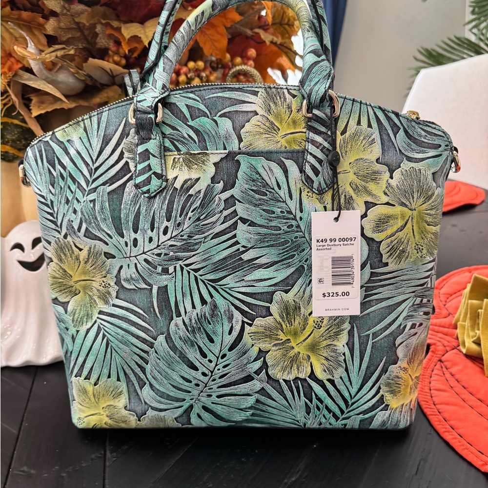 Brahmin Green and Yellow Floral Satchel